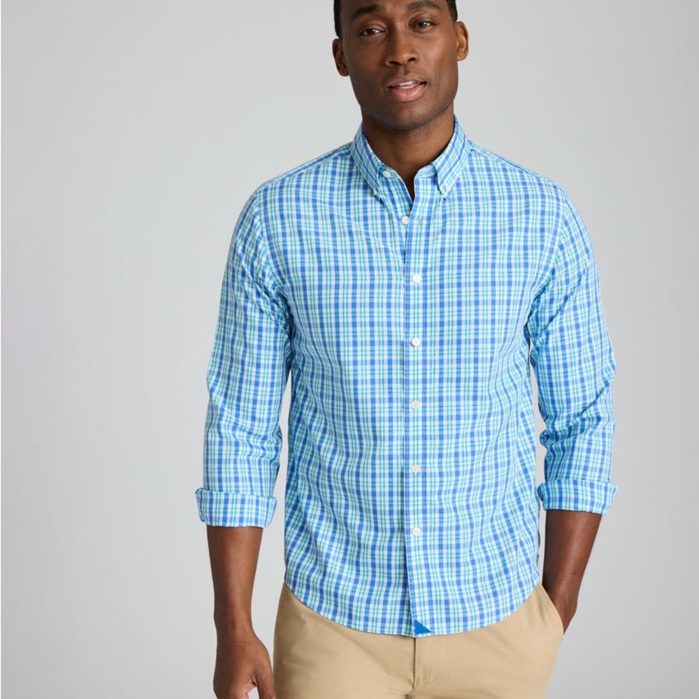 UNTUCKit Wrinkle Free Lawrence Light Blue Checkered Dress Shirt, L